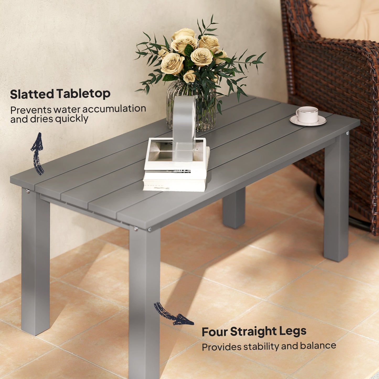 Rectangle Outdoor Coffee Table, HDPE All-Weather Outdoor Patio Table With Slatted Tabletop For Yard, Balcony, Gray
