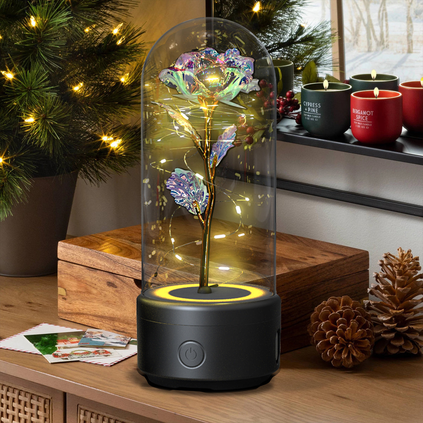 Kreatives 2-in-1 Rosenblumen-LED-Licht und Bluetooth-kompatibler Lautsprecher Valentinstag-Geschenk Rosenleuchtendes Nachtlicht-Ornament mit Glasabdeckung
