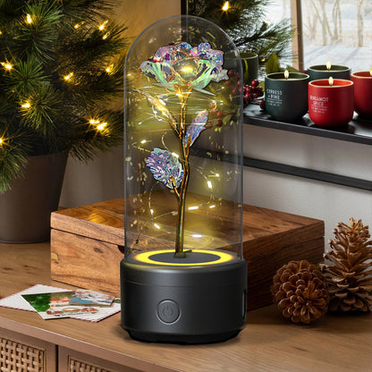 Kreatives 2-in-1 Rosenblumen-LED-Licht und Bluetooth-kompatibler Lautsprecher Valentinstag-Geschenk Rosenleuchtendes Nachtlicht-Ornament mit Glasabdeckung