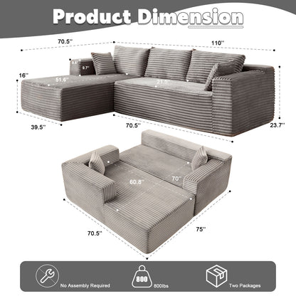 Kompressions-Sektionale Couch mit bequemer Chaise, knochenlose L-förmige Sofa mit tiefer Sitzfläche, minimalistisches modulares Couch-Sofabett für Wohnzimmer, Schlafzimmer, Apartment und Lounge, Corduroy, Grau