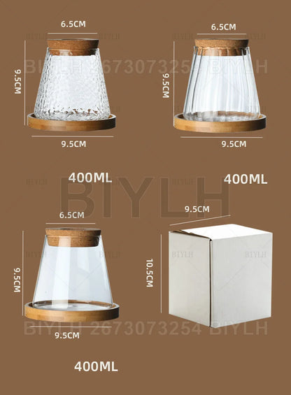 Clear glass coffee dripper with textured surface cork lid and wooden base for hydroponic plants home decoration