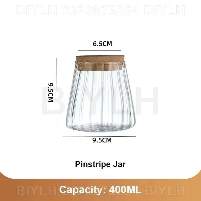 Clear glass hydroponic plant vase with vertical ribbed pinstripes and natural wood lid 400ml for home decoration