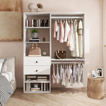 Livelylodge Modulares Kleiderschranksystem: Moderner weißer offener Kleiderschrank für Schlafzimmer-Walk-in-Kleiderschrank mit 2 Schubladen & 6 Regalen & 1 Kleiderstange Stauraum-Kleiderschrank 54,6"L*17,16"B*70,2"H