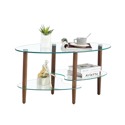 Transparenter ovaler Glas-Couchtisch, 3-stufiges Eichenbein Modernes Wohnzimmertisch
