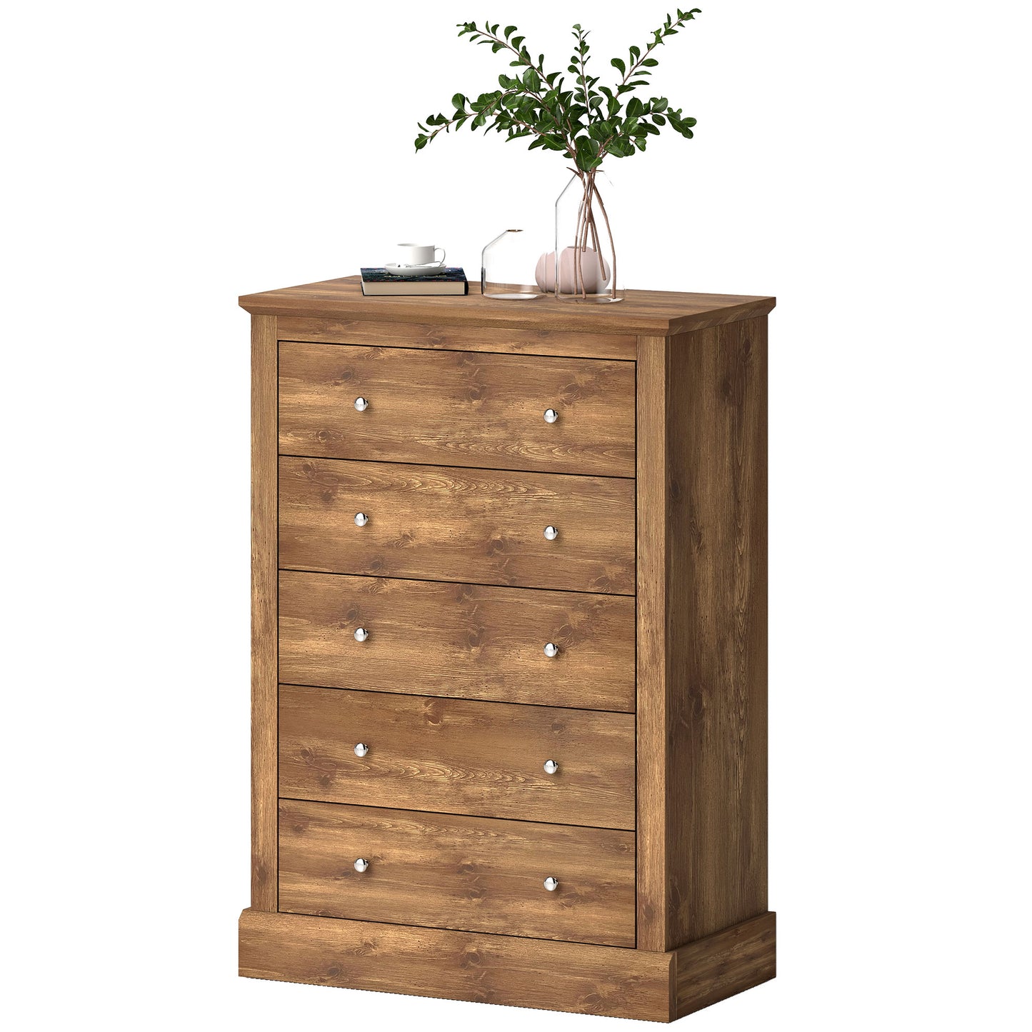 31 Breite Bauernhaus-Kommode mit 5 Schubladen, Schlafzimmerkommode mit Holztop für das Wohnzimmer, Braun