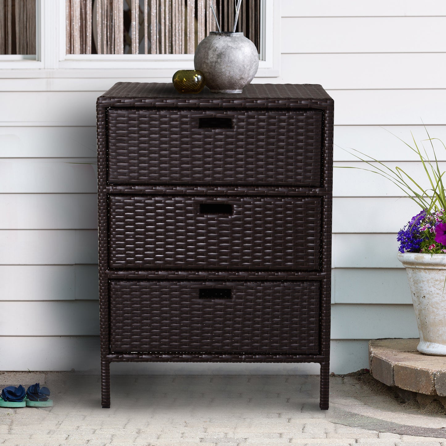 32 Poolside-Rattan-Geflecht-Terrassen-Organizer-Speicherschrank mit 3 großen Schubladen Wetterbeständige Materialien