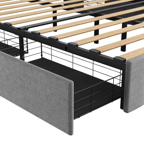 Bettgestell in voller Größe mit LED, 4 unter dem Bett portablen Stauraumschubladen, Flügel-Kopfteil-Design, Hellgrau