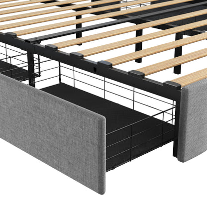Bettgestell in voller Größe mit LED, 4 unter dem Bett portablen Stauraumschubladen, Flügel-Kopfteil-Design, Hellgrau