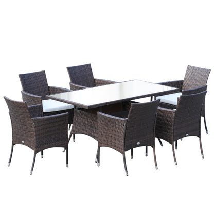 Outsunny 6-Sitzer-Rattan-Esszimmergarnitur mit Polstern, Rattan-Gartenmöbel-Set mit 6 Armstühlen, rechteckiger Tisch mit Glasplatte, Außenesszimmer-Tisch und -Stühle, Braun