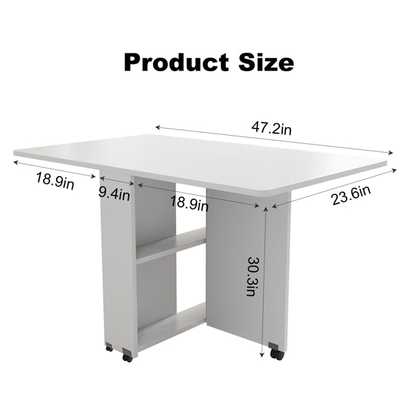 Folding Drop Leaf Dining Table With 6 Wheels And 2-Layer Storage Shelf, Space Saving Table For Small Spaces, 47.2 Inch D X 23.6 Inch W X 30.3 Inch H, White