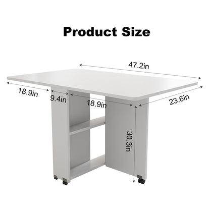 Folding Drop Leaf Dining Table With 6 Wheels And 2-Layer Storage Shelf, Space Saving Table For Small Spaces, 47.2 Inch D X 23.6 Inch W X 30.3 Inch H, White