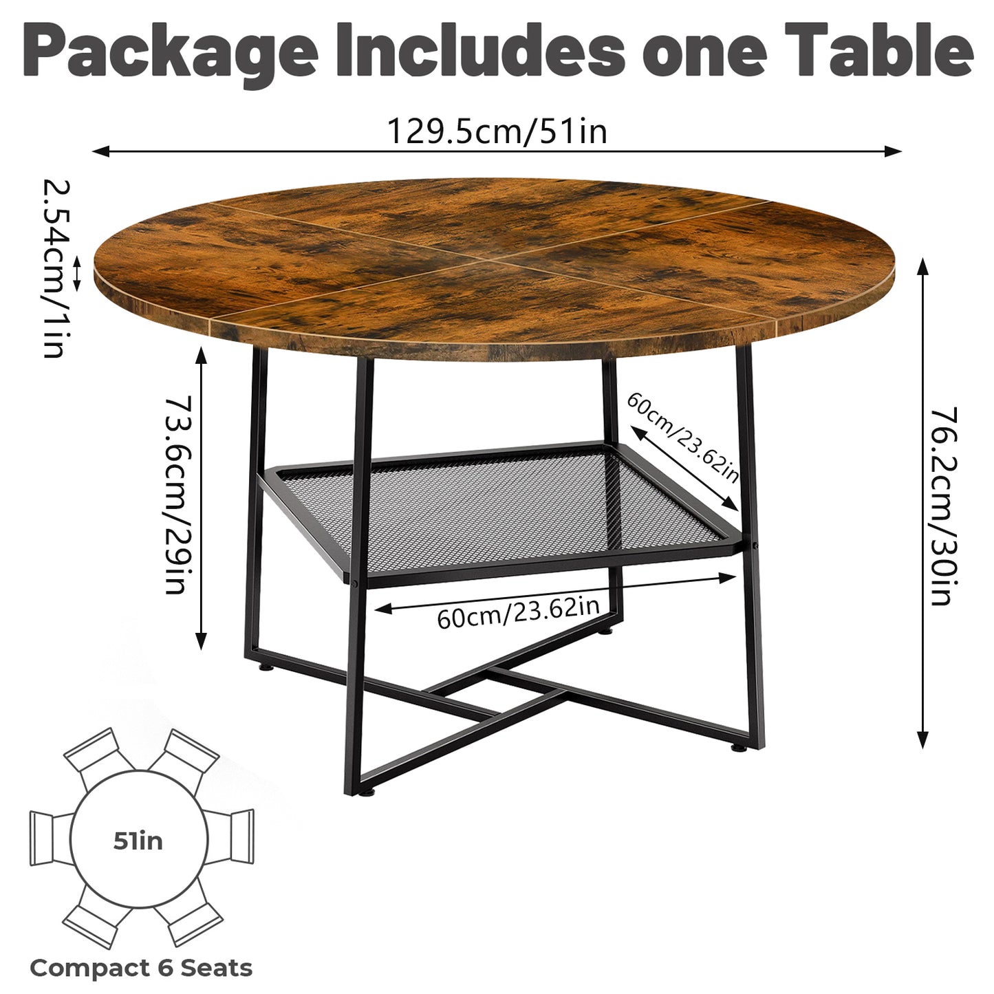 51'' Round Dining Table For 4-6  Tiger Stripes Black Wooden Dining Room Table With Storage Shelf Space Saving Circle Dinner Table With Metal Legs For Kitchen Living Room Dining Restaurant Furniture