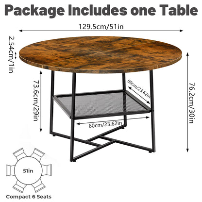 51'' Round Dining Table For 4-6  Tiger Stripes Black Wooden Dining Room Table With Storage Shelf Space Saving Circle Dinner Table With Metal Legs For Kitchen Living Room Dining Restaurant Furniture