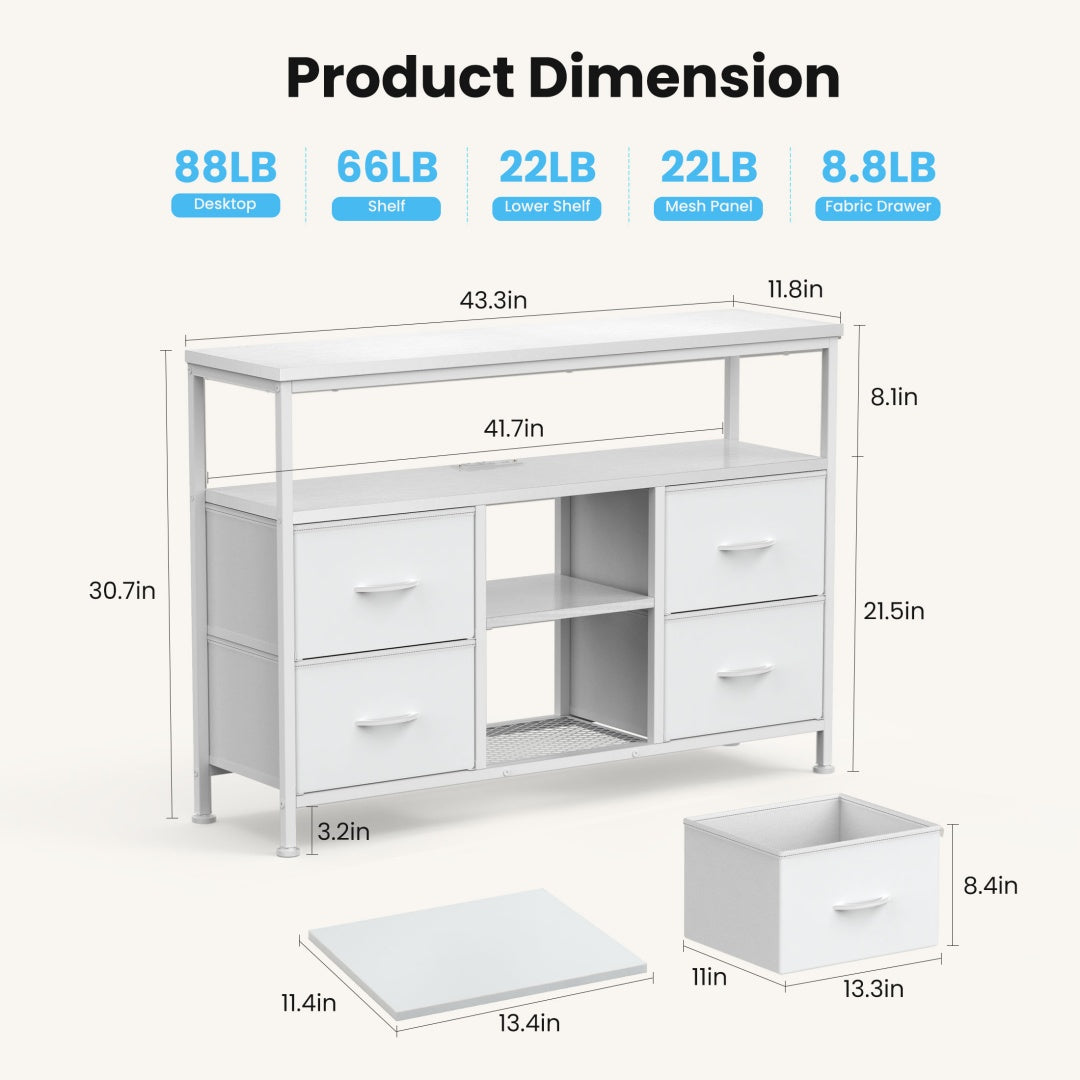 TV-Ständer, 4 Schubladen, mit LED-Lichtern und Stromsteckdosen, Möbel für das Wohnzimmer für 50-Zoll-Fernseher, mit offenen Regalen und verstellbaren Füßen