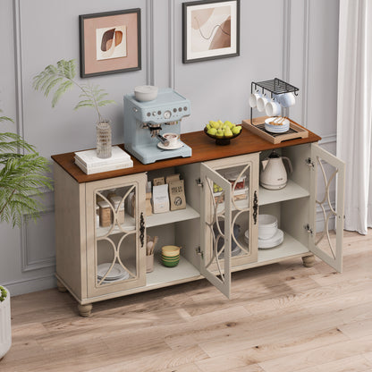 Elegantes europäisches Antiquitäten-Stil 4-Türenschrank mit gehärteten Glastüren, für Esszimmer, Wohnzimmer, Flur, einfache Montage, Beige
