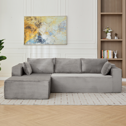 Kompressions-Sektionale Couch mit bequemer Chaise, knochenlose L-förmige Sofa mit tiefer Sitzfläche, minimalistisches modulares Couch-Sofabett für Wohnzimmer, Schlafzimmer, Apartment und Lounge, Corduroy, Grau