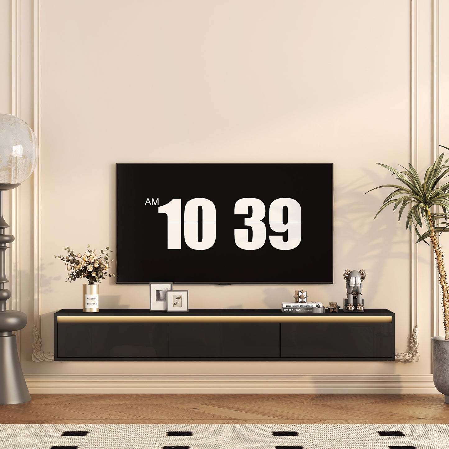Schwebender TV-Ständer, Wandmontierter TV-Regal mit LED-Lichtern & Stromsteckdose, Hochglänzender TV-Schrank für schwarze TV-Ständer für das Wohnzimmer