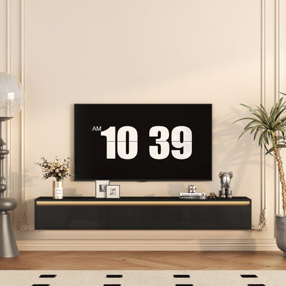 Schwebender TV-Ständer, Wandmontierter TV-Regal mit LED-Lichtern & Stromsteckdose, Hochglänzender TV-Schrank für schwarze TV-Ständer für das Wohnzimmer