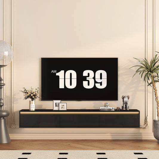 Schwebender TV-Ständer, Wandmontierter TV-Regal mit LED-Lichtern & Stromsteckdose, Hochglänzender TV-Schrank für schwarze TV-Ständer für das Wohnzimmer