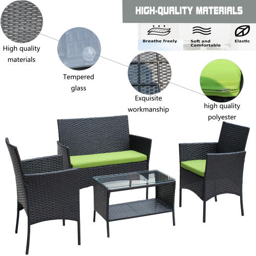 4er-PC-Rattan-Patio-Möbel-Set für den Außenbereich mit gepolsterten Sitzen Korbsofa mit grünem Polster