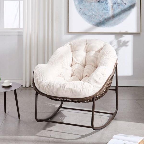 Outdoor-Rattan-Schaukelstuhl, Gepolsterter Kissen-Schaukelstuhl für Terrasse, Wohnzimmer, Patio, Garten, Weiß - Verkauf auf der Temu-Plattform verboten