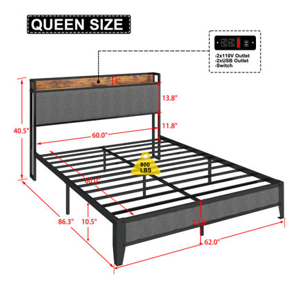 Bettgestell in Queensize mit Lade-Station, gepolstertem Kopfteil, Metallplattform, Grau