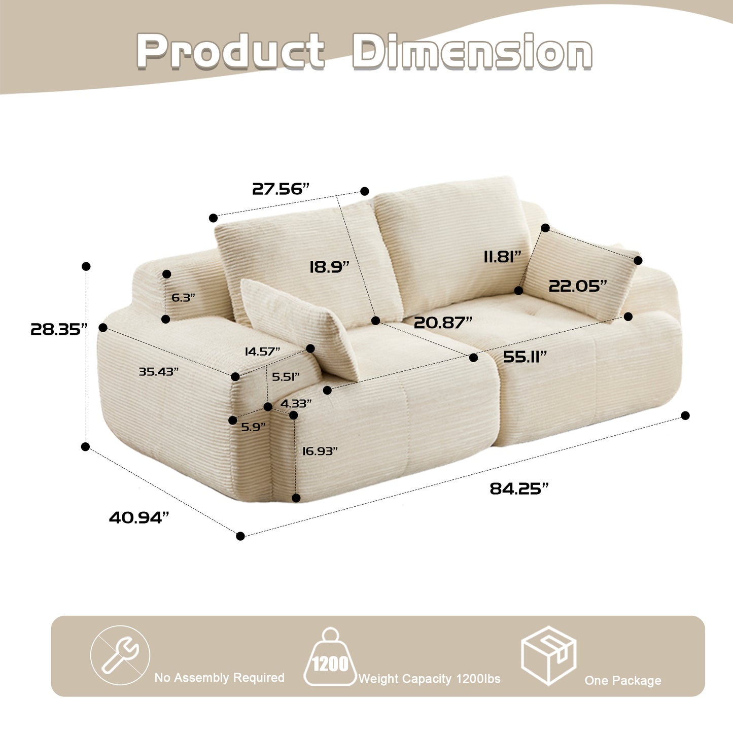 Moderne Kompressions-Matratzen-Sofa, 2-Sitzer großes Ecksofa für das Wohnzimmer, Haustierfreundliches Wolkenmodul-Sofa, Samtstoff, extra tiefe Zweier-Sitzbank, keine Montage erforderlich, Beige
