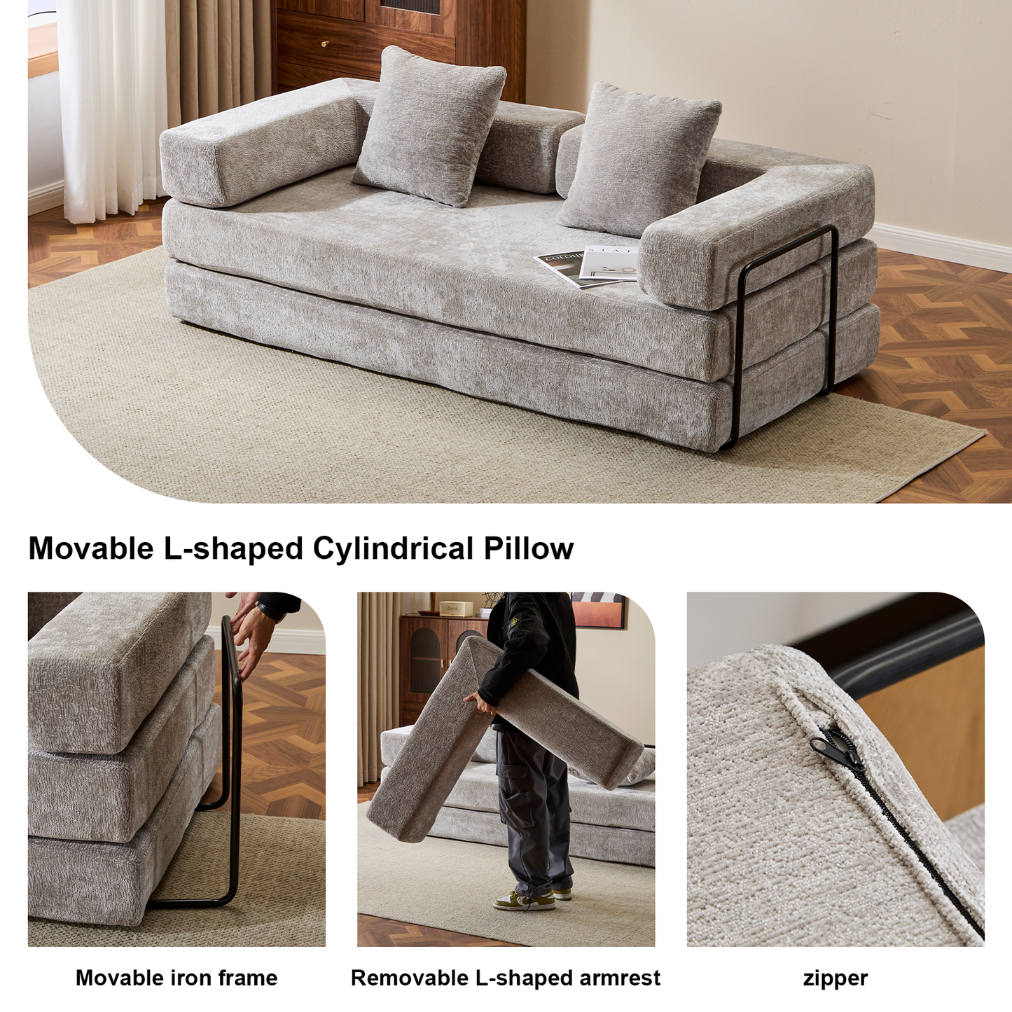 Boden-Couch, Kompressions-Sofa, Umwandelbares Boden-Sofa-Bett – mit Kissen-Rückenlehne und Armlehne, Bequeme Futon-Couch-Liege-Schlafsofa, Chenille-Stoff, für Wohnzimmer und Schlafzimmer HELLGRAU