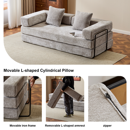 Boden-Couch, Kompressions-Sofa, Umwandelbares Boden-Sofa-Bett – mit Kissen-Rückenlehne und Armlehne, Bequeme Futon-Couch-Liege-Schlafsofa, Chenille-Stoff, für Wohnzimmer und Schlafzimmer HELLGRAU