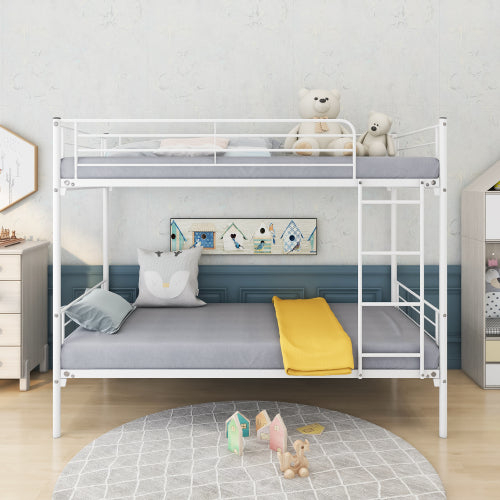 Etagenbett Doppelstock mit Metallrahmen und Leiter, platzsparendes Design, weiß