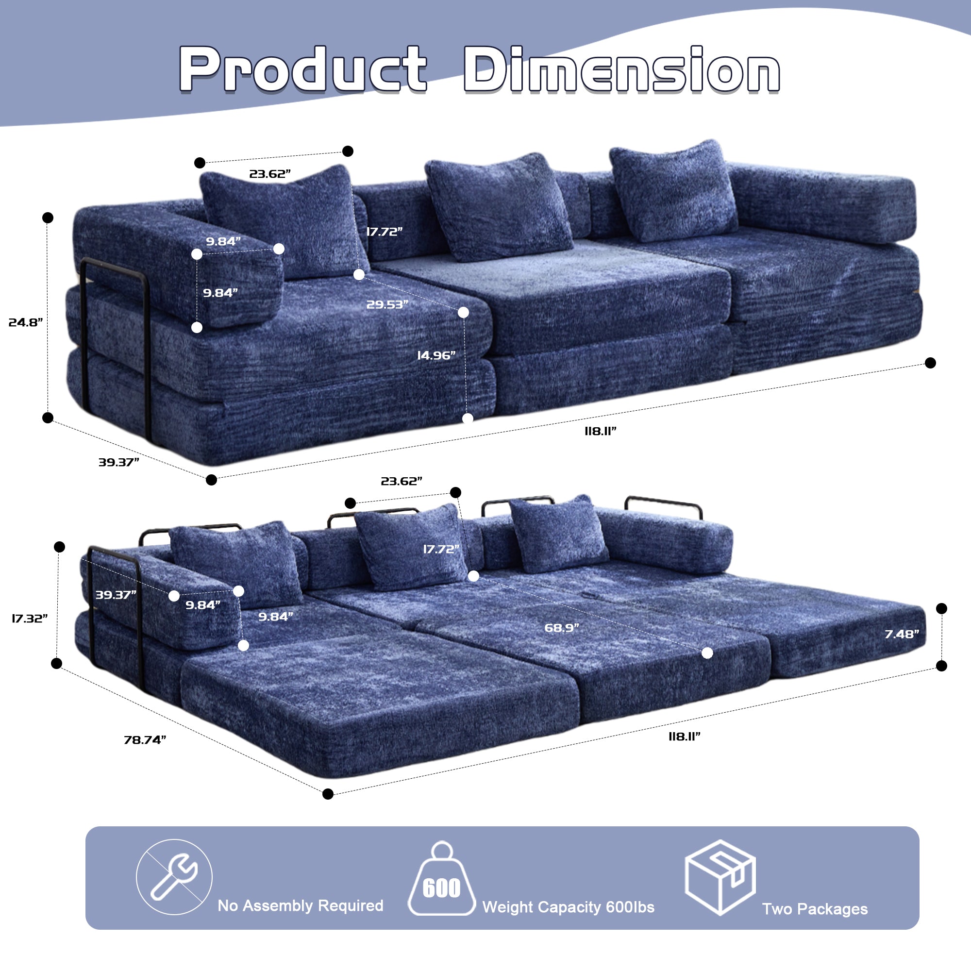 Kompressions-Sofa, Umwandelbares Boden-Sofa-Bett mit feststehendem Rahmen, Knochenloses modulares Sektionalsofa, Keine Montage erforderlich, Chenille-Stoff, für Wohnzimmer und Schlafzimmer, Dunkelblau