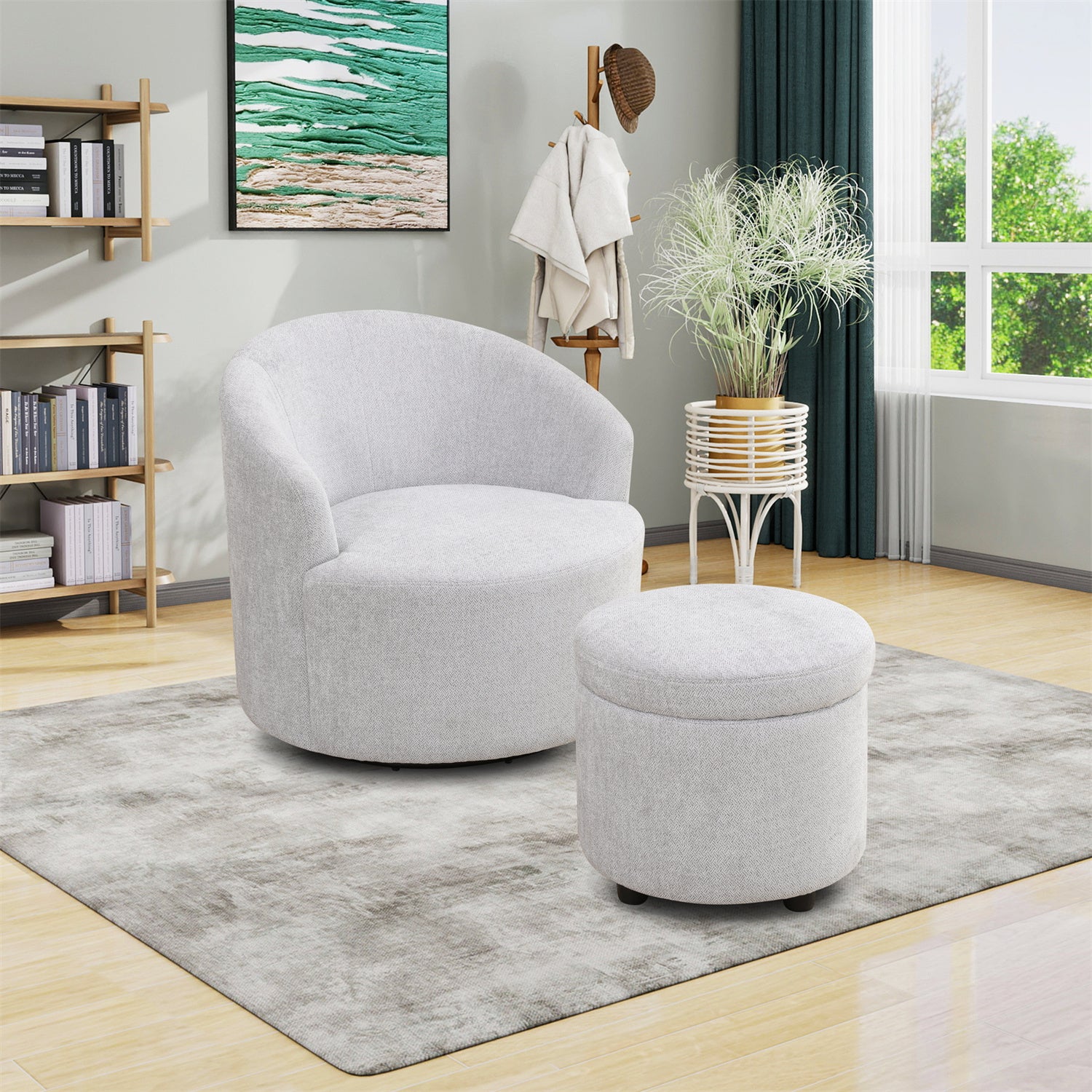 Sofa-Hocker-Set mit Stauraumfunktion, Grau-Weiß atmungsaktives Sackleinen