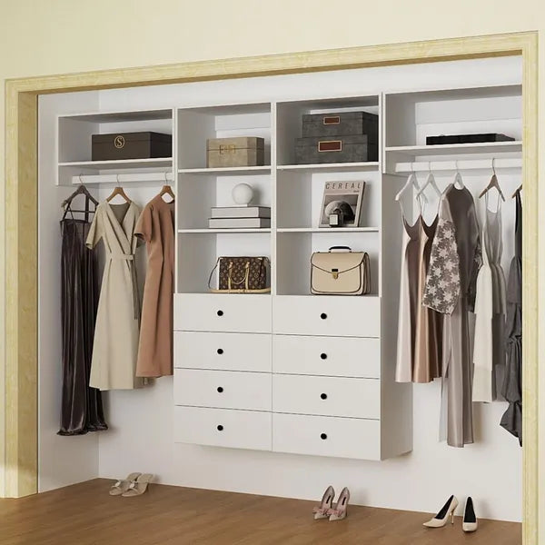 Schrank-Organisationssystem, Wandmontierter Schrankaufbewahrungsbereich mit Schubladen und Regalen, Schrankaufbewahrung für das Schlafzimmer, Weiß