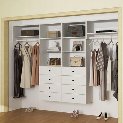Schrank-Organisationssystem, Wandmontierter Schrankaufbewahrungsbereich mit Schubladen und Regalen, Schrankaufbewahrung für das Schlafzimmer, Weiß