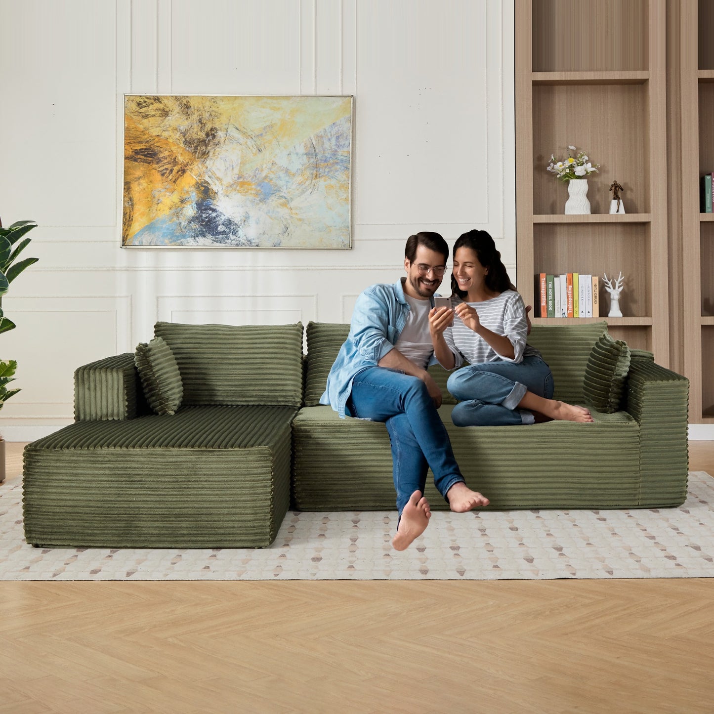 L-förmiges Kompressions-Sofabett mit Nesselstoff - Umwandelbare Ecksofa, ausklappbare Boden-Couch-Schlafplatz, platzsparende flanellartige Lounge für kleine Wohnungen, Wohnzimmer & Spielzimmer OHNE TUME