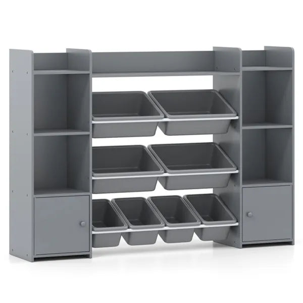Grauer multifunktionaler Kinderspeicherregal - Spielzeugorganizer + Bücherregal, 142 cm x 30 cm x 99 cm, Umkippsicherung, Tragfähigkeit 120 kg