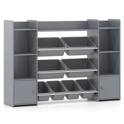 Grauer multifunktionaler Kinderspeicherregal - Spielzeugorganizer + Bücherregal, 142 cm x 30 cm x 99 cm, Umkippsicherung, Tragfähigkeit 120 kg