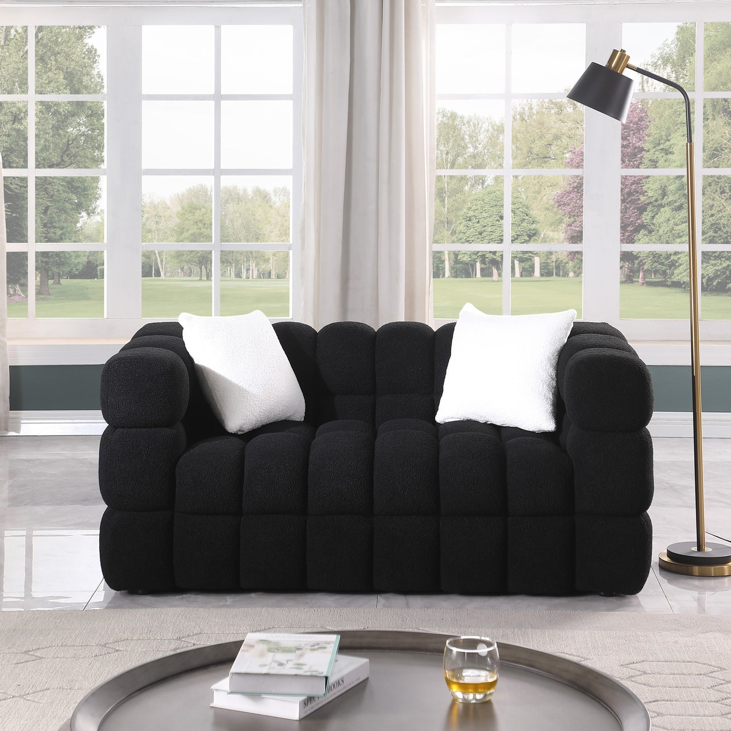 62,2 Länge, 35,83 Zoll Tiefe, menschliche Körperstruktur für US-Amerikaner, Marshmallow-Sofa, Bouclé-Sofa, SCHWARZ Farbe, 2-Sitzer