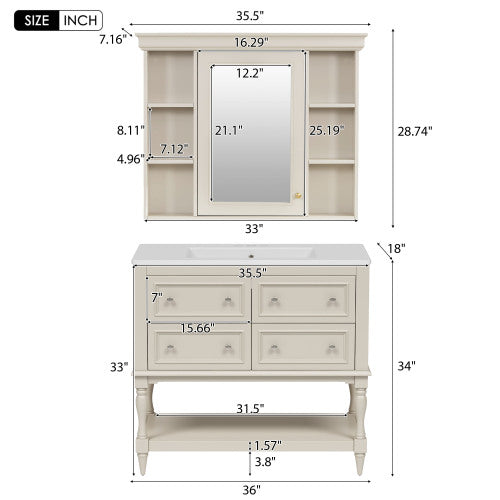 36'' Badezimmer-Waschständer mit Medizinschrank, moderner Spiegelschrank mit einstellbarem Regal, Badezimmer-Aufbewahrungsschrank mit 4 Schubladen, Badezimmer-Aufbewahrungsschrank mit massivem Holzrahmen