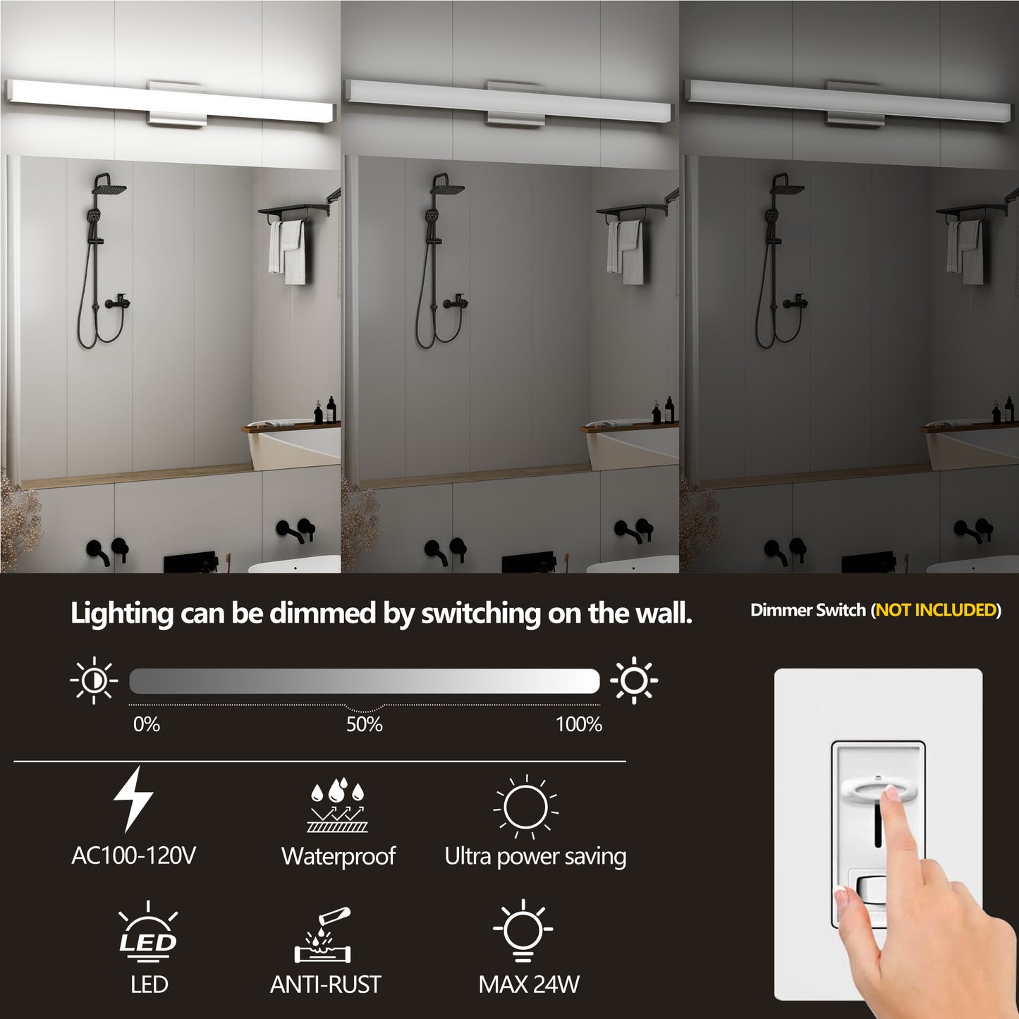 Badezimmer-Spiegelleuchte aus gebürstetem Nickel, quadratisch, LED, 41 Zoll, 24 W, 6000 K, kühles weißes Licht, Wandleuchte über dem Spiegel - Gebürstetes Nickel, 41 Zoll