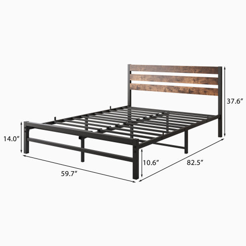 Queen-Size-Platform-Bettgestell mit rustikalem, vintage Holz-Kopfteil, starke Metallleisten stützen die Matratzenunterlage, keine Boxspring-Federkern erforderlich, rustikales Braun