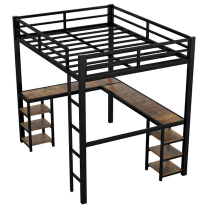 Vollständiges XL Metall-Hochbett mit Schreibtisch und Regalen, Hochbett mit Leiter und Geländern, Hochbett-Rahmen für das Schlafzimmer, Schwarz