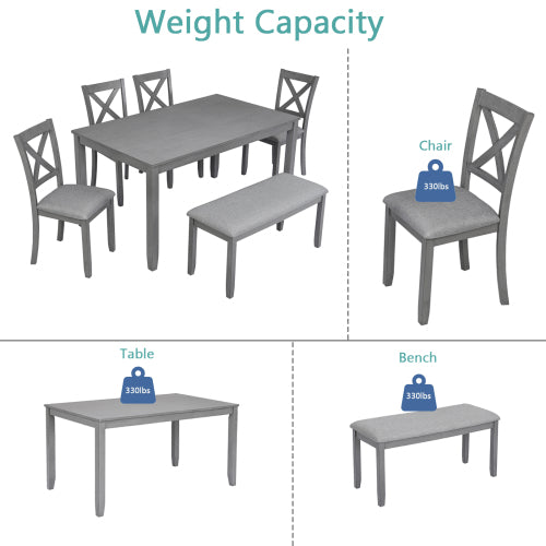 6-teiliges Küchen-Esszimmer-Set, rechteckiger Holztisch mit 4 gepolsterten Stühlen und einer Bank, Esstisch-Set für 6 Personen, Wohnzimmer, Hausbar und Küche, Grau