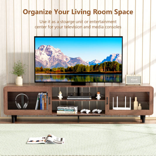 Mid-Century-Modern-Fernsehtisch für 55, 60, 65, 70-Zoll-Fernseher, Holzunterhaltungszentrum mit Stromanschlüssen, Medienkonsole mit Schiebetüren und offenem Regal für das Wohnzimmer, Nussbaum