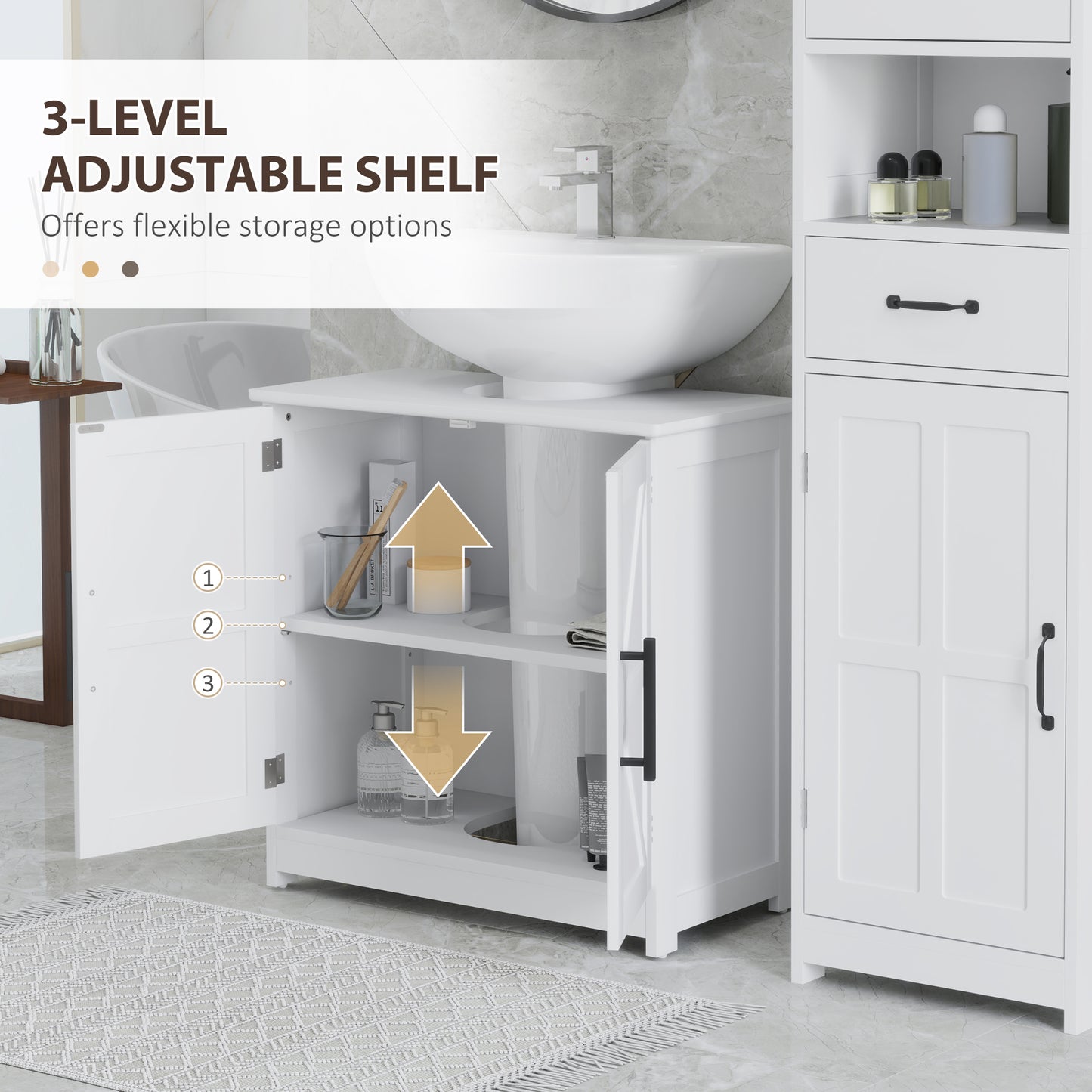 Bauernhaus-Piedestal-Waschbecken-Schrank, Badezimmer-Waschbecken-Schrank mit 2 Scheunentüren und einstellbarem Regal, Weiß