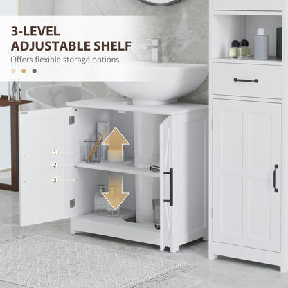 Bauernhaus-Piedestal-Waschbecken-Schrank, Badezimmer-Waschbecken-Schrank mit 2 Scheunentüren und einstellbarem Regal, Weiß
