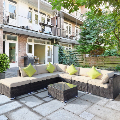 Outsunny 8-teiliges PE-Rattan-Ecksofa-Set mit dicken Polstern, Aluminium-Außentisch-Rattan-Gartenmöbel-Set mit Glasplattentisch, keine Montage erforderlich, gemischtes Braun