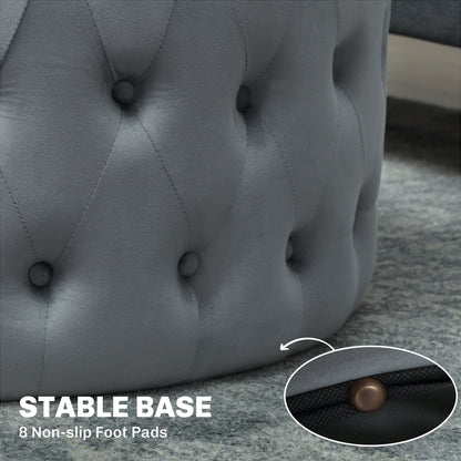 Runder Osmanischer Couchtisch mit Samtgefühl-Polsterung, Knopfgepolstertem Design und gepolstertem Sitz, Dunkelgrau