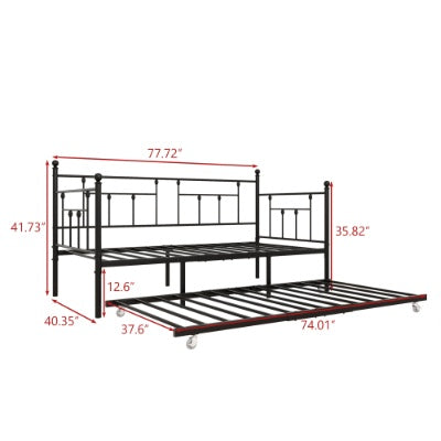 Twin Size Daybed Metal Frame With Trundle Set, Twin Day Bed Sofa, Daybed And Roll Sofa Bed For Guest Room, Bedroom, Living Room, Victorian Style, Black