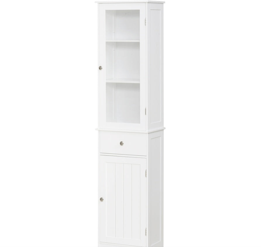 Kleankin Slim Badezimmerschrank Hochschmal Wäscheturm mit Acryl-Tür, Schublade und Regalen Weiß